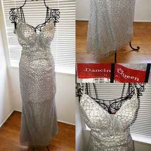 Vintage Barbicore Y2K Disco Silver Maxi Gown New Year's Eve Holiday Dress XS